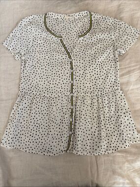 Hem & Thread White Polka Dot Button-Front Peplum Top with Yellow Trim